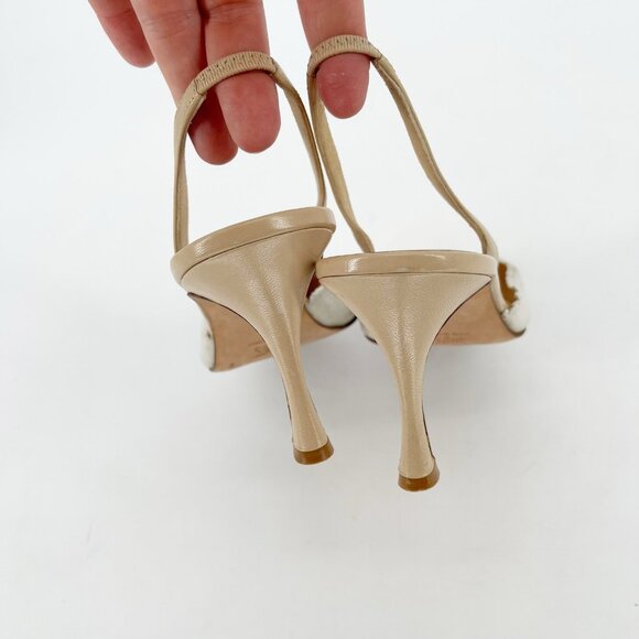 Manolo Blahnik Retro Floral Eyelet Beige Pointed Cap Toe Slingback Heel - Picture 3 of 10